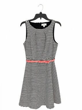 ELLE Black & White Striped Fit & Flare Dress with Pink Bow Belt Women Size Small